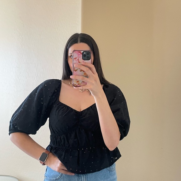 A New Day Black Puff Sleeve Eyelet Blouse - Picture 2 of 7